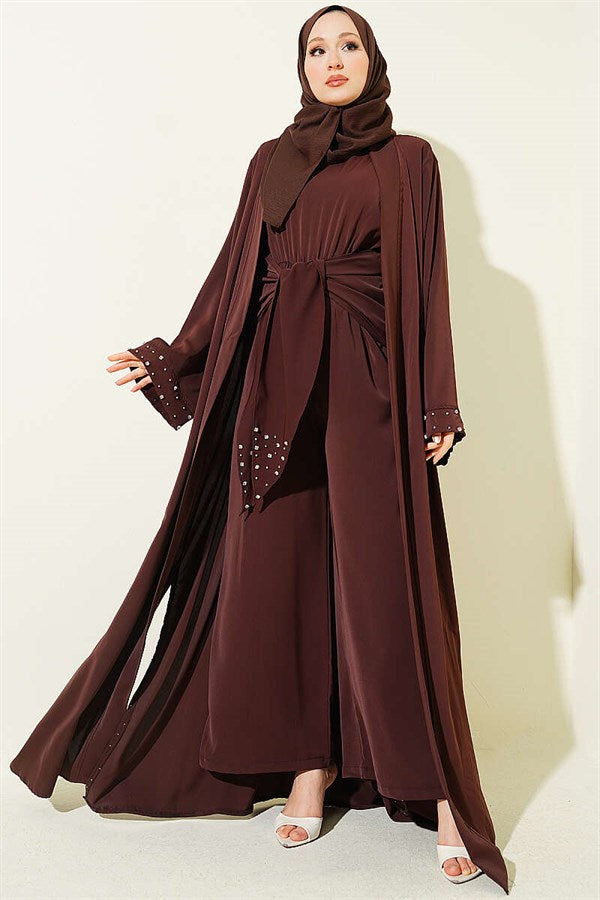 Stone Embellished Two-Piece Abaya in Brown