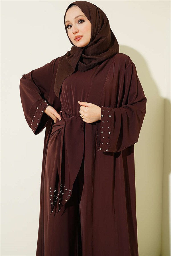 Stone Embellished Two-Piece Abaya in Brown