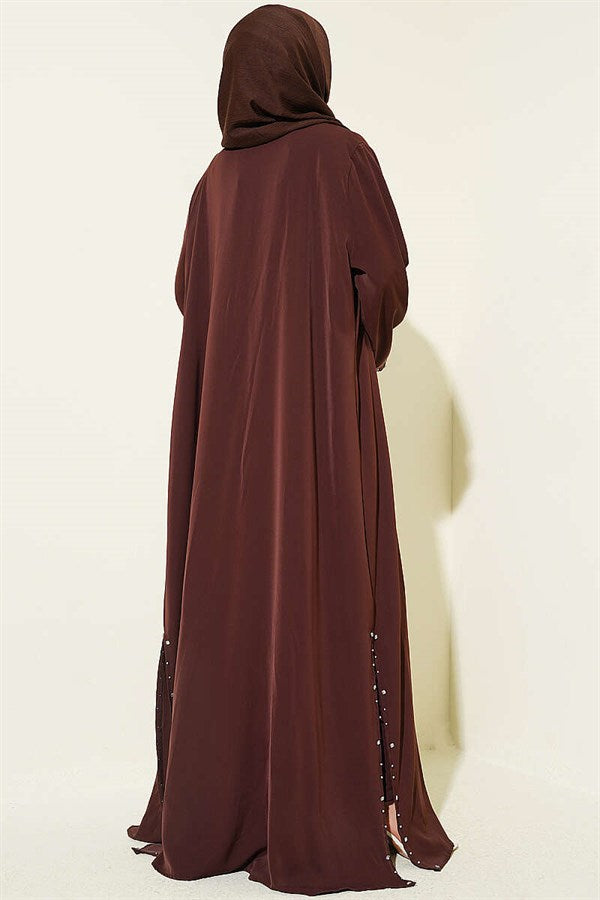 Stone Embellished Two-Piece Abaya in Brown