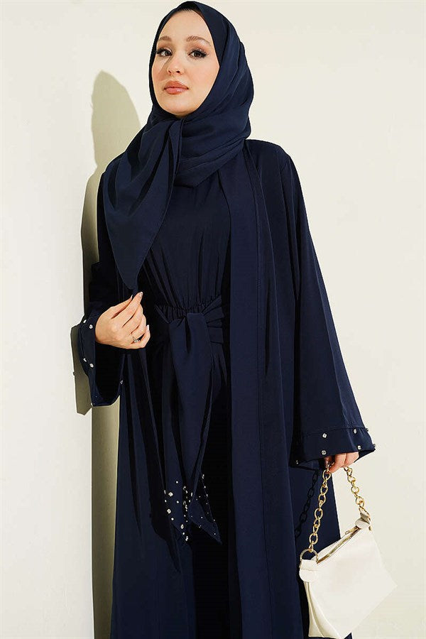 Stone Embellished Two-Piece Abaya in Navy Blue