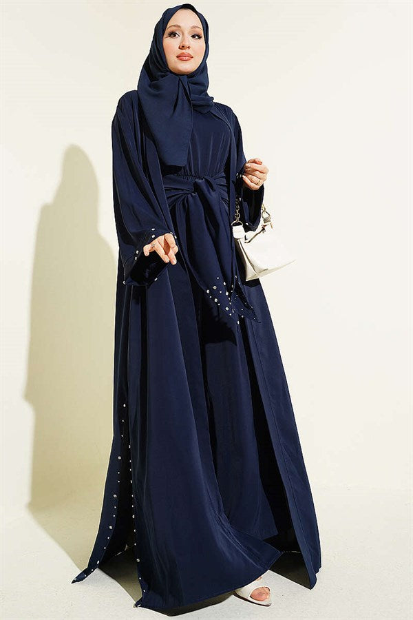 Stone Embellished Two-Piece Abaya in Navy Blue