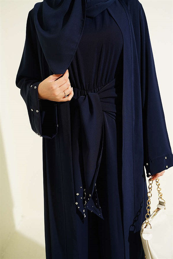Stone Embellished Two-Piece Abaya in Navy Blue
