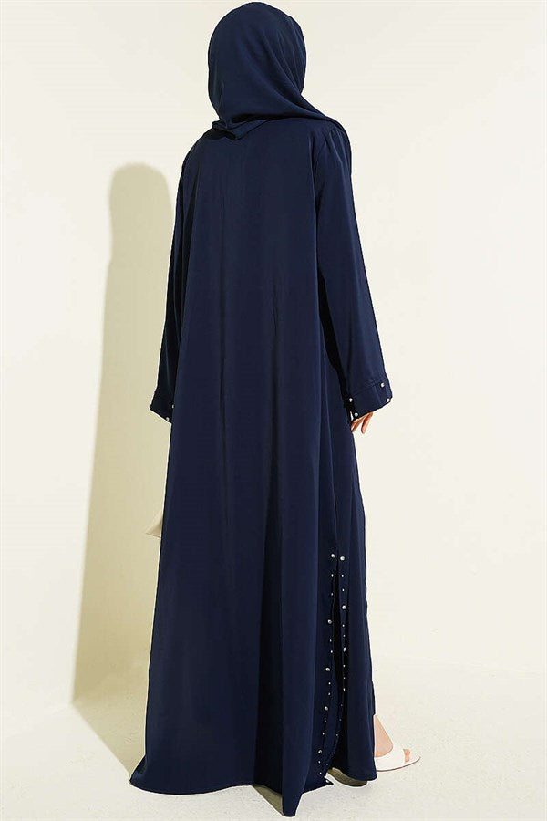 Stone Embellished Two-Piece Abaya in Navy Blue