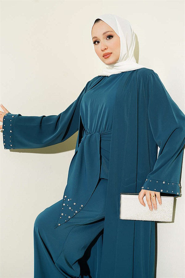 Stone Embellished Two-Piece Abaya in Petrol Green