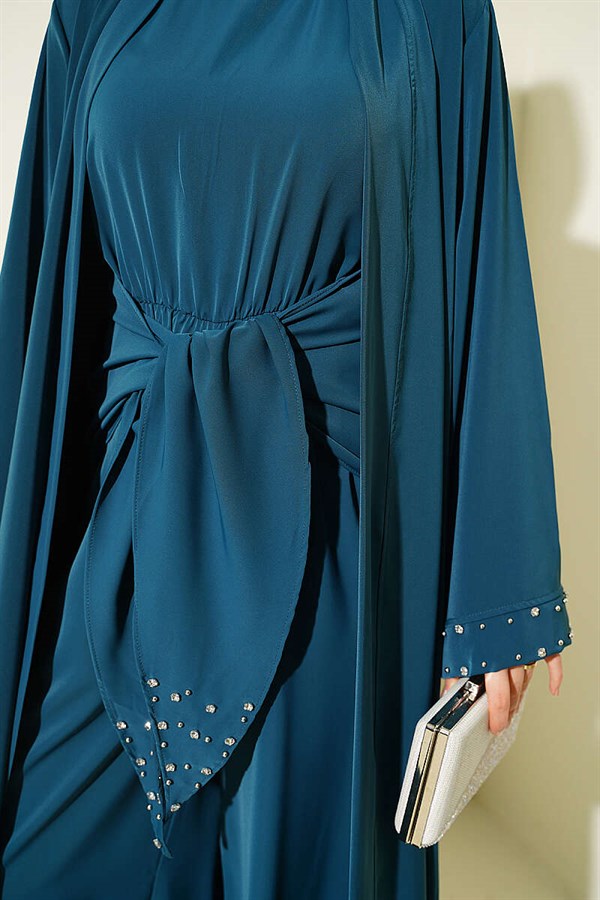 Stone Embellished Two-Piece Abaya in Petrol Green