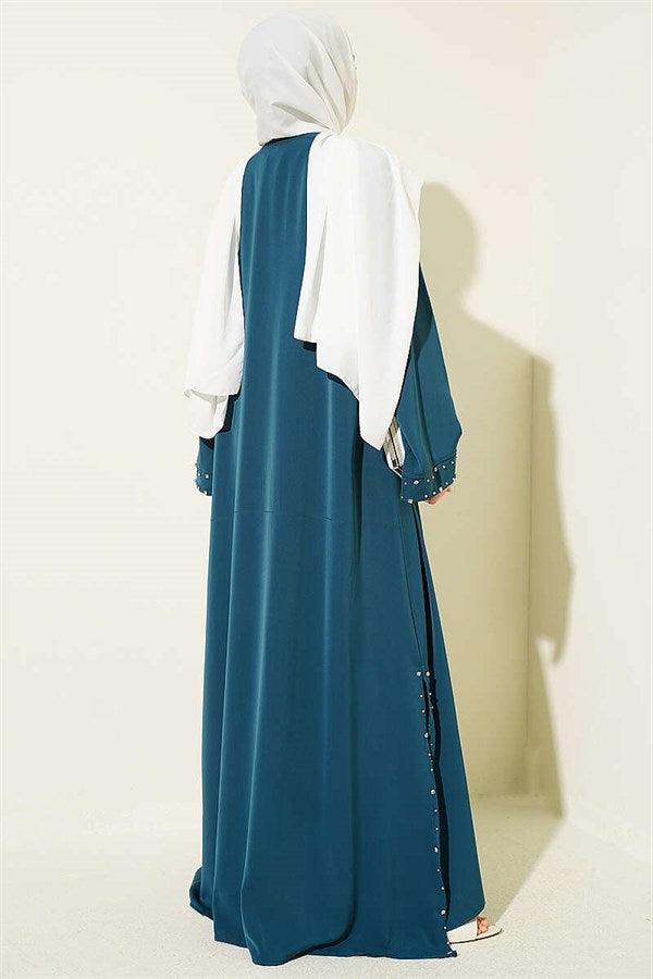 Stone Embellished Two-Piece Abaya in Petrol Green