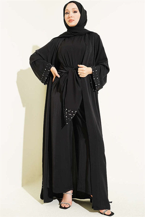 Stone Embellished Two-Piece Abaya, Black