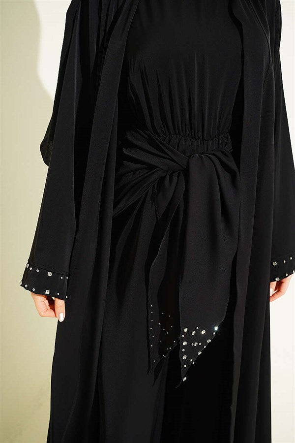 Stone Embellished Two-Piece Abaya, Black