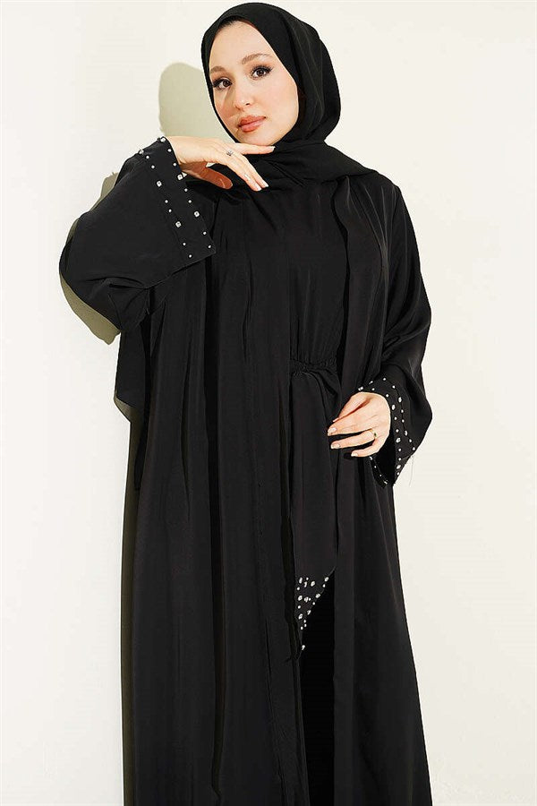 Stone Embellished Two-Piece Abaya, Black