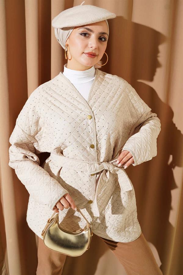 Stone Embellished Quilted Jacket, Beige