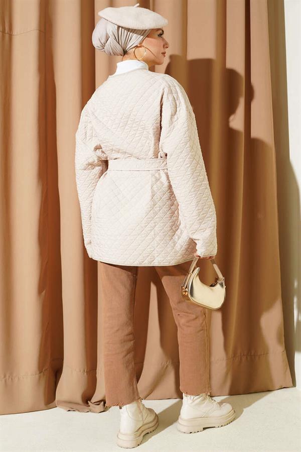 Stone Embellished Quilted Jacket, Beige