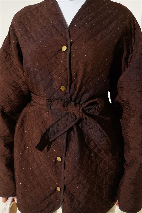 Stone Embellished Quilted Jacket, Coffee