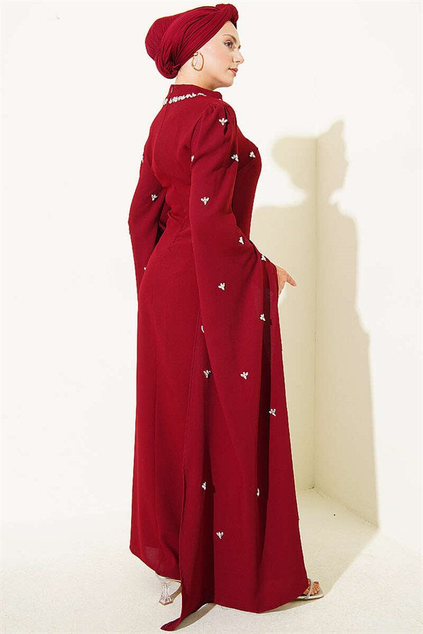 Stone Embellished Sleeveless Cape Evening Dress in Burgundy