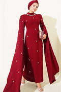 Stone Embellished Sleeveless Cape Evening Dress in Burgundy