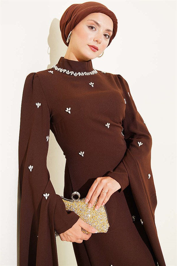 Stone Embellished Sleeve Cape Evening Dress in Brown