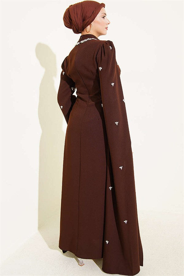 Stone Embellished Sleeve Cape Evening Dress in Brown