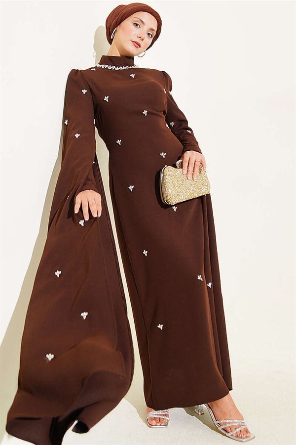 Stone Embellished Sleeve Cape Evening Dress in Brown