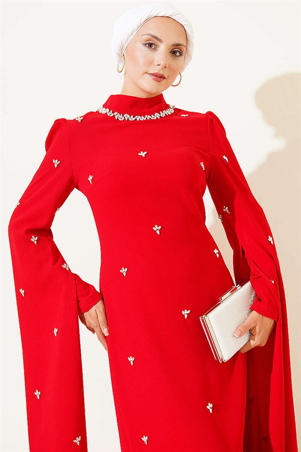 Red Evening Dress with Stone Embellishments and Cape Sleeves