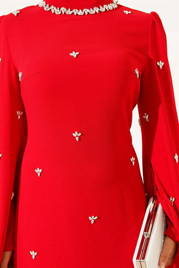 Red Evening Dress with Stone Embellishments and Cape Sleeves