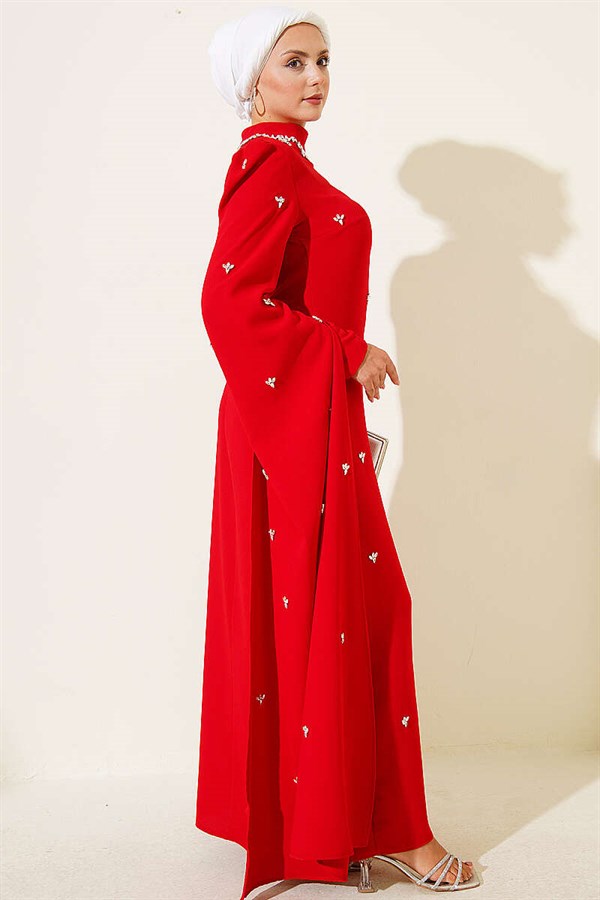 Red Evening Dress with Stone Embellishments and Cape Sleeves