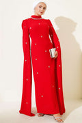 Red Evening Dress with Stone Embellishments and Cape Sleeves