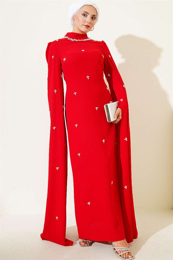 Red Evening Dress with Stone Embellishments and Cape Sleeves