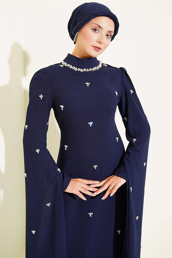 Navy Blue Evening Dress with Stone Embellishments and Cape Sleeves