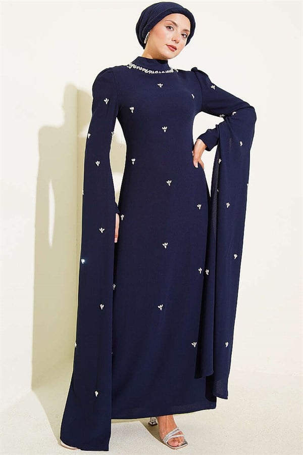 Navy Blue Evening Dress with Stone Embellishments and Cape Sleeves