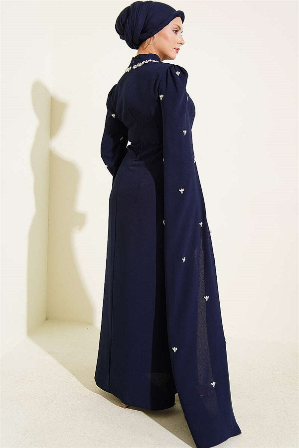 Navy Blue Evening Dress with Stone Embellishments and Cape Sleeves