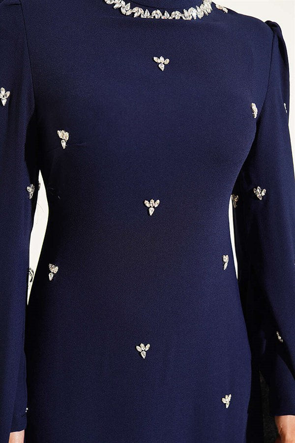 Navy Blue Evening Dress with Stone Embellishments and Cape Sleeves