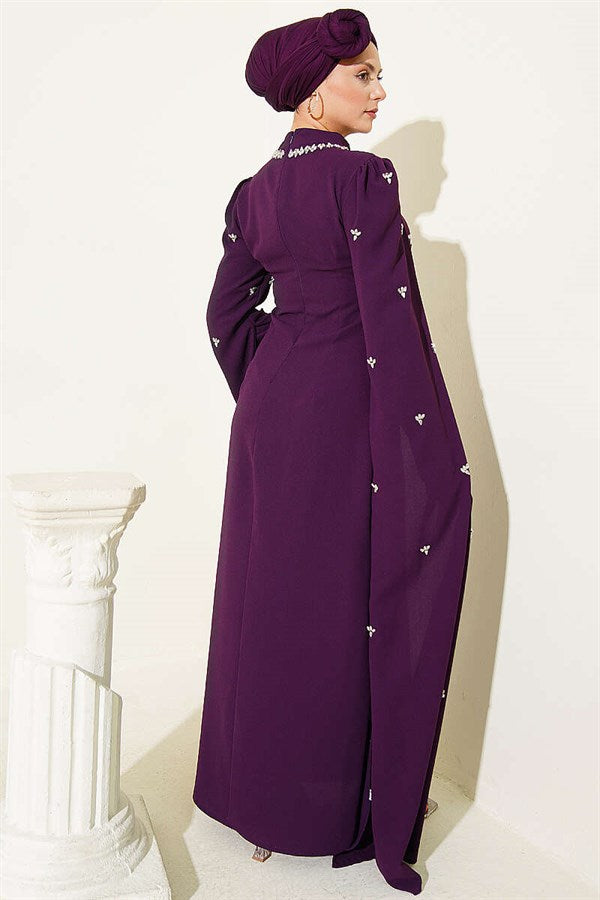 Purple Evening Dress with Stone Embellishments and Cape Sleeves