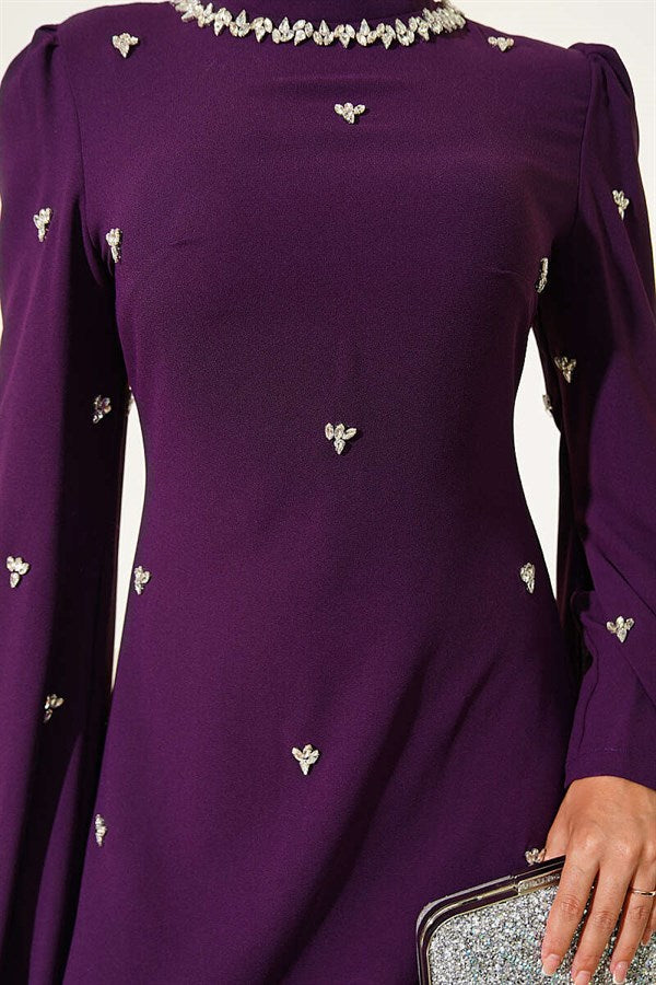 Purple Evening Dress with Stone Embellishments and Cape Sleeves