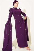 Purple Evening Dress with Stone Embellishments and Cape Sleeves