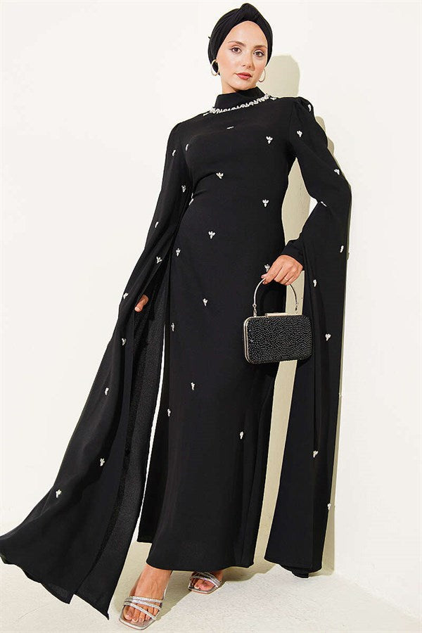 Stone Embellished Sleeve Cape Evening Dress, Black