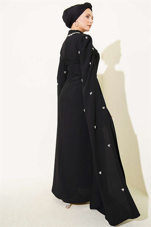 Stone Embellished Sleeve Cape Evening Dress, Black