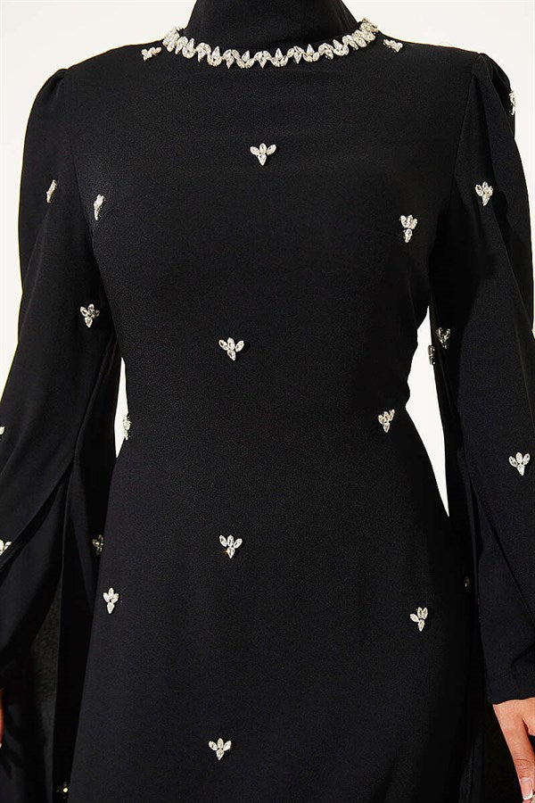 Stone Embellished Sleeve Cape Evening Dress, Black