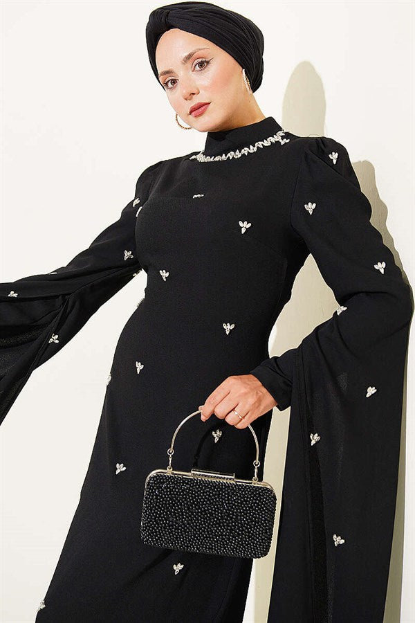 Stone Embellished Sleeve Cape Evening Dress, Black