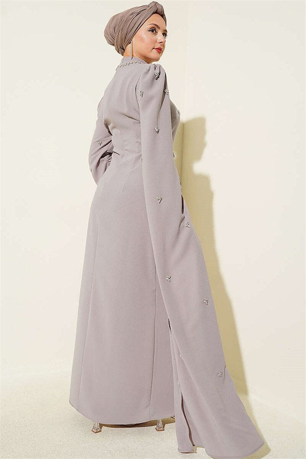 Stone Embellished Sleeve Cape Evening Dress in Mink Color