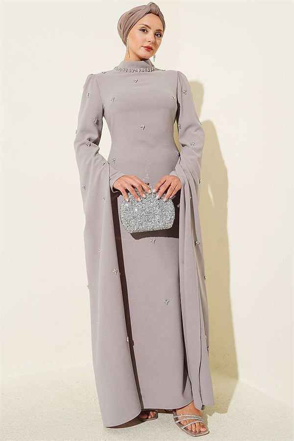 Stone Embellished Sleeve Cape Evening Dress in Mink Color