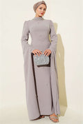 Stone Embellished Sleeve Cape Evening Dress in Mink Color