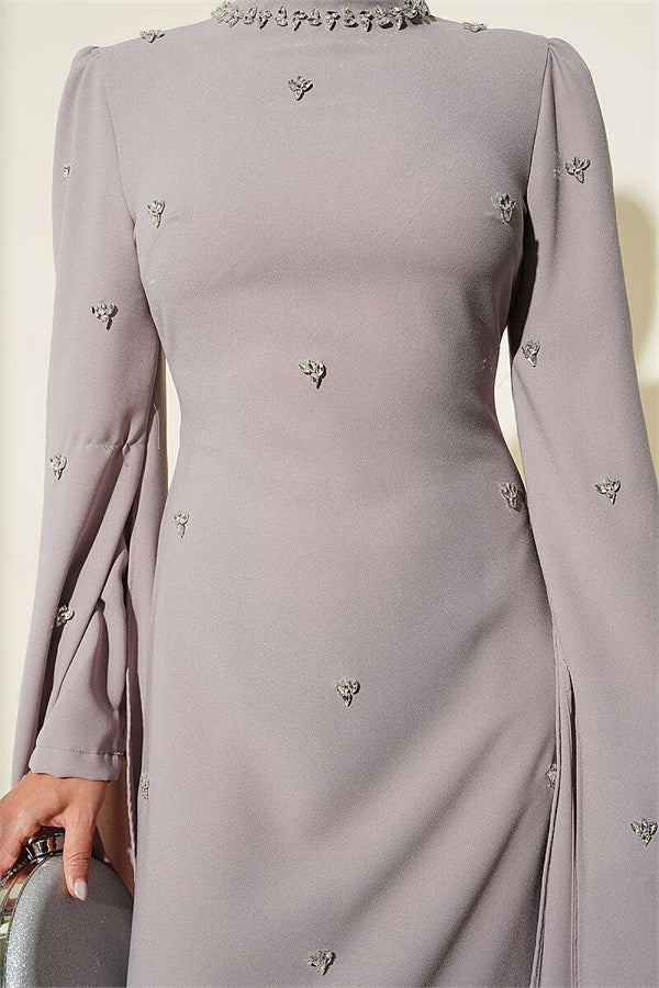 Stone Embellished Sleeve Cape Evening Dress in Mink Color