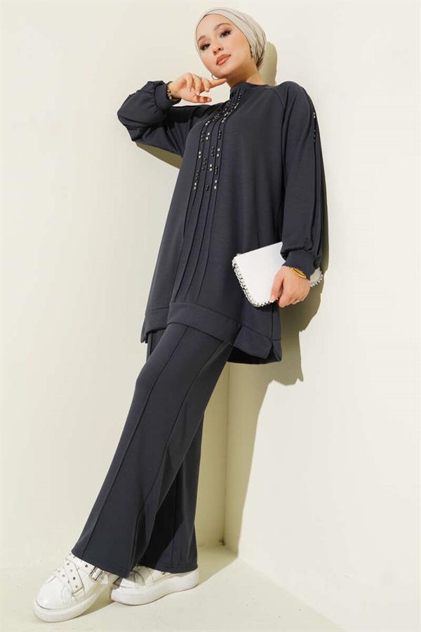 Stone Embellished Loysha 2 Piece Set Smoke Color