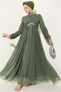 Stone Embellished Button-Cuff Evening Dress in Khaki
