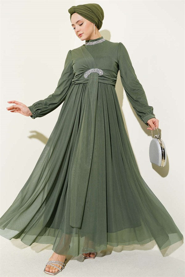 Stone Embellished Button-Cuff Evening Dress in Khaki