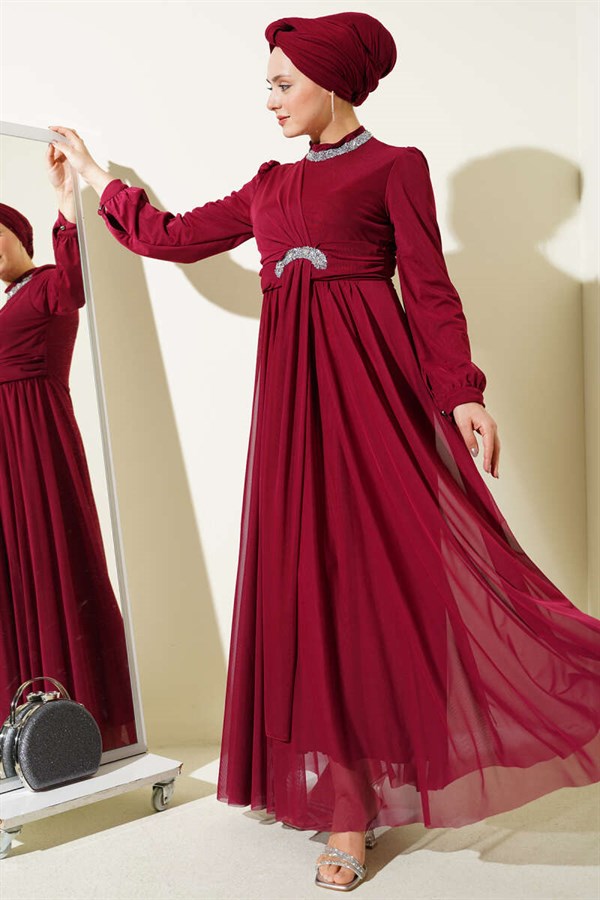 Stone Embellished Button-Cuff Evening Dress in Burgundy
