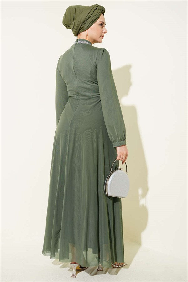 Stone Embellished Button-Cuff Evening Dress in Khaki