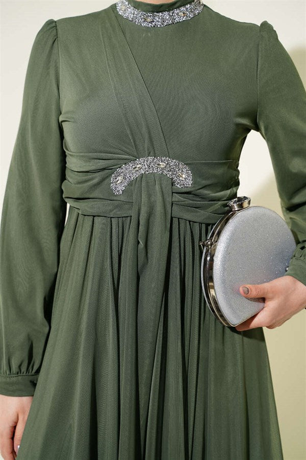 Stone Embellished Button-Cuff Evening Dress in Khaki