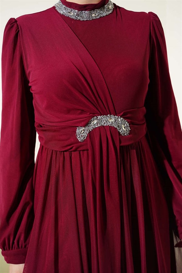 Stone Embellished Button-Cuff Evening Dress in Burgundy