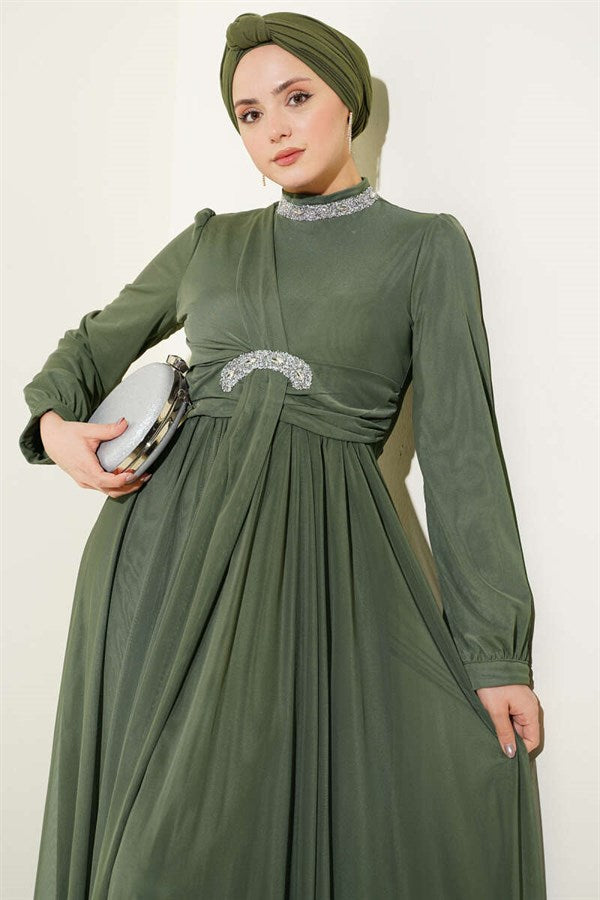 Stone Embellished Button-Cuff Evening Dress in Khaki