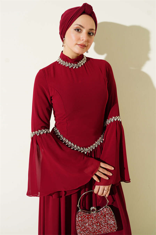 Stone Embellished Chiffon Evening Dress, Burgundy
